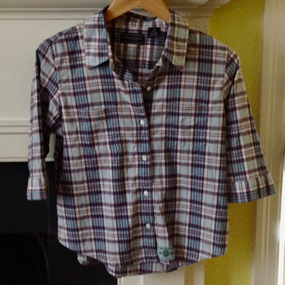 Vintage American Eagle Button Up Shirt Plaid 5/8 Sleeve - Sz Medium